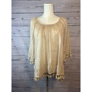 Saks Fifth Avenue Italian Linen Boho Fringe Top Tan M Convertible Off Shoulder